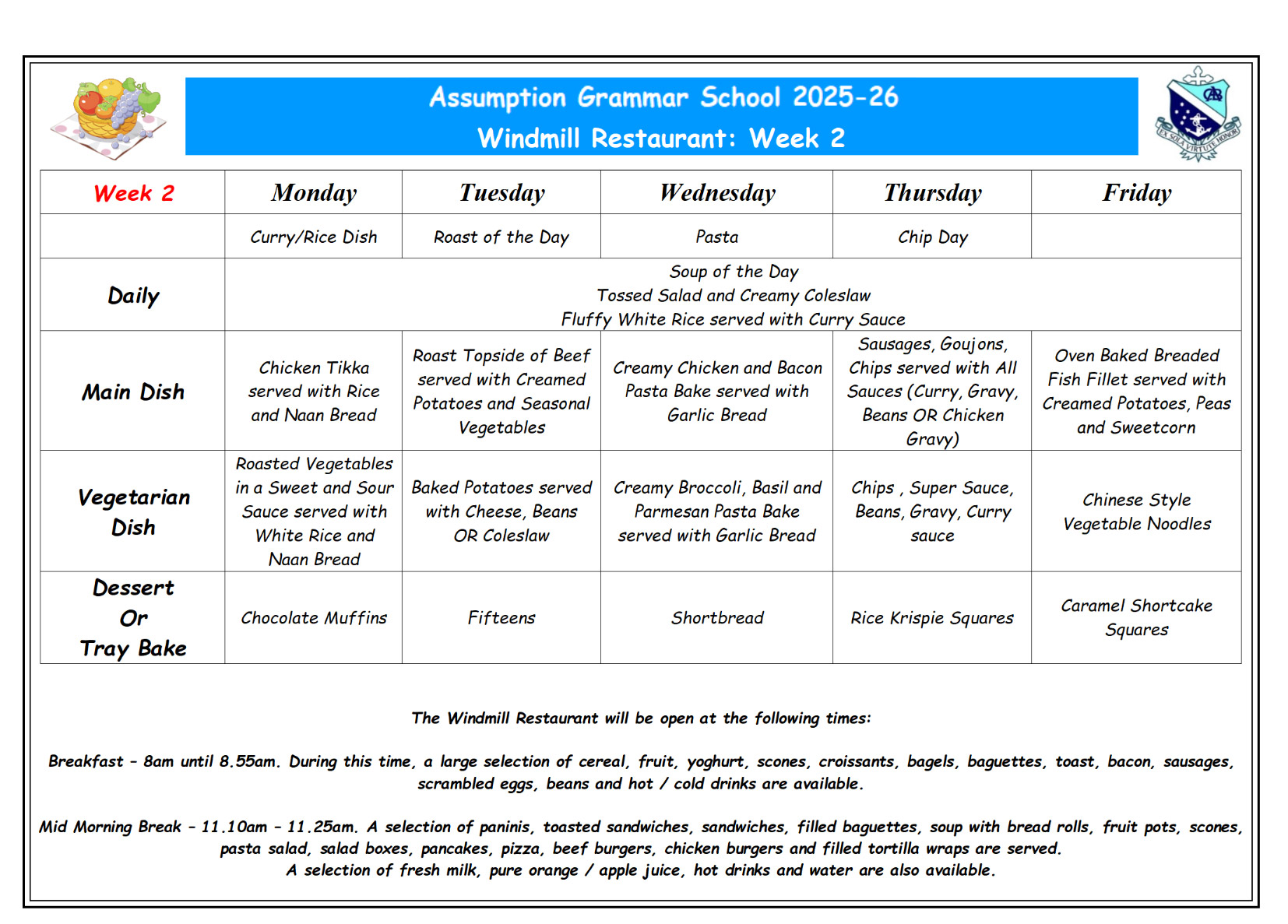 Canteen Menu September 2025 26 Week 2